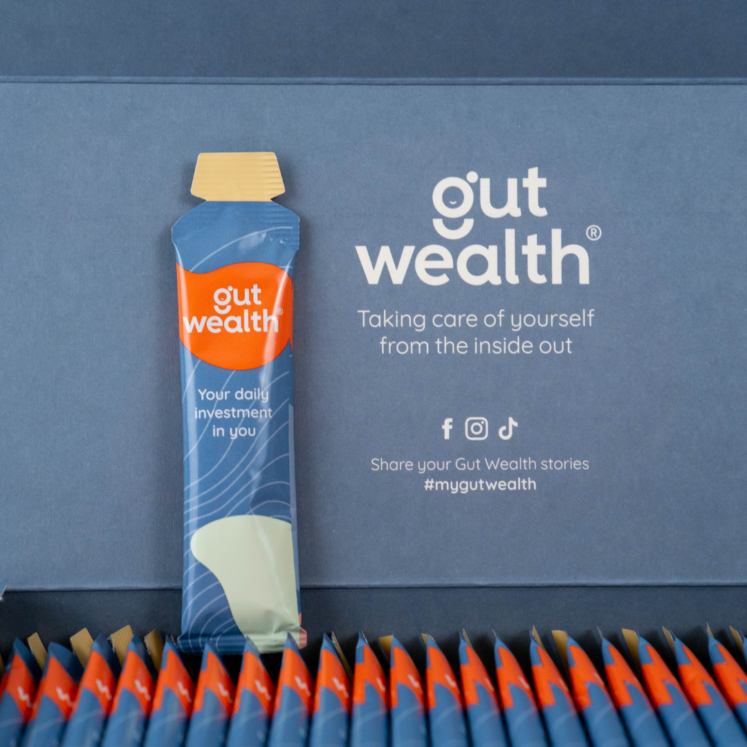 Gut Wealth® daily liquid supplement calms digestive upset, improves bowel regularity and reduces bloating