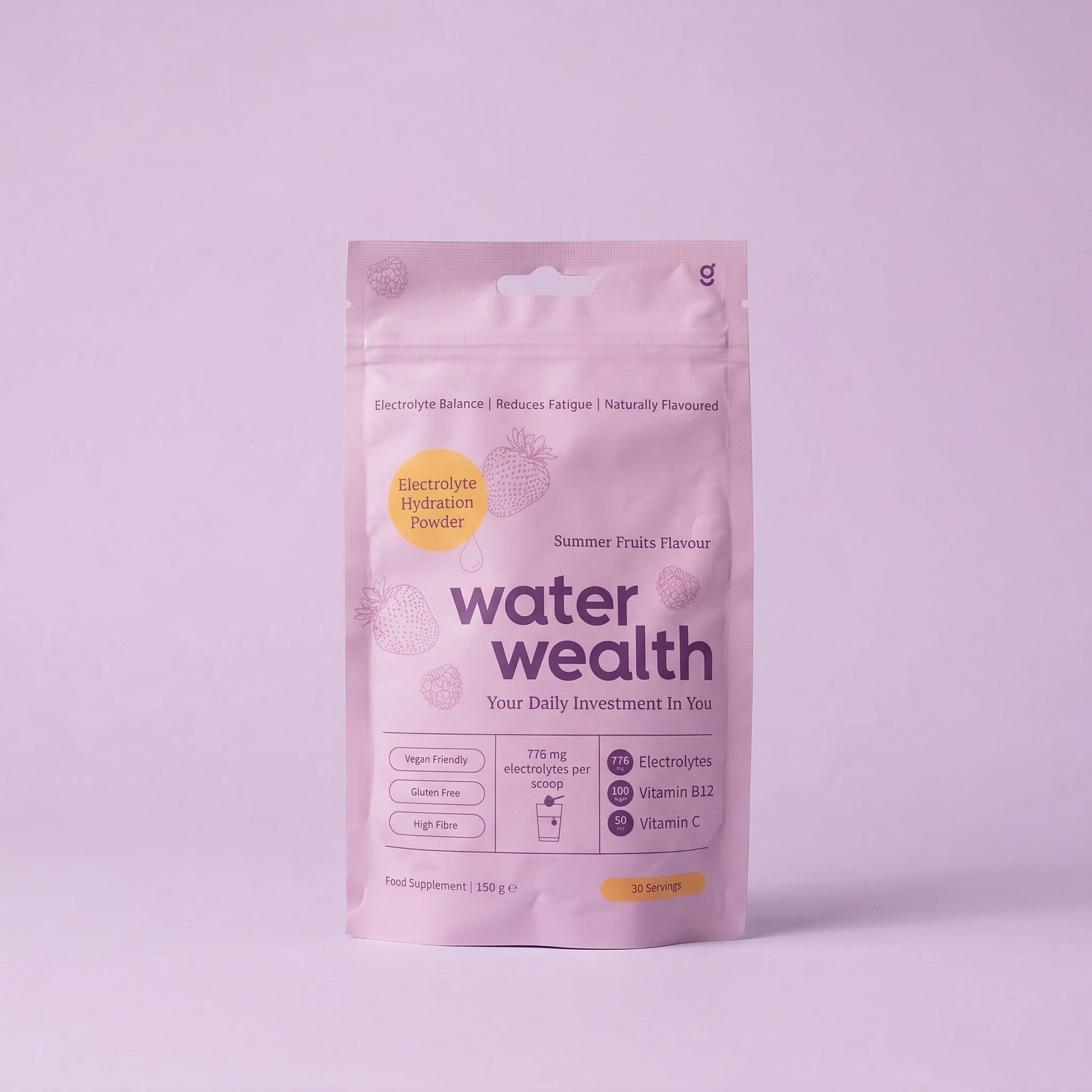 Water Wealth electrolyte hydration powder front of pack - summer fruits flavour with electrolytes, Vitamin B12 and Vitamin C for gut health