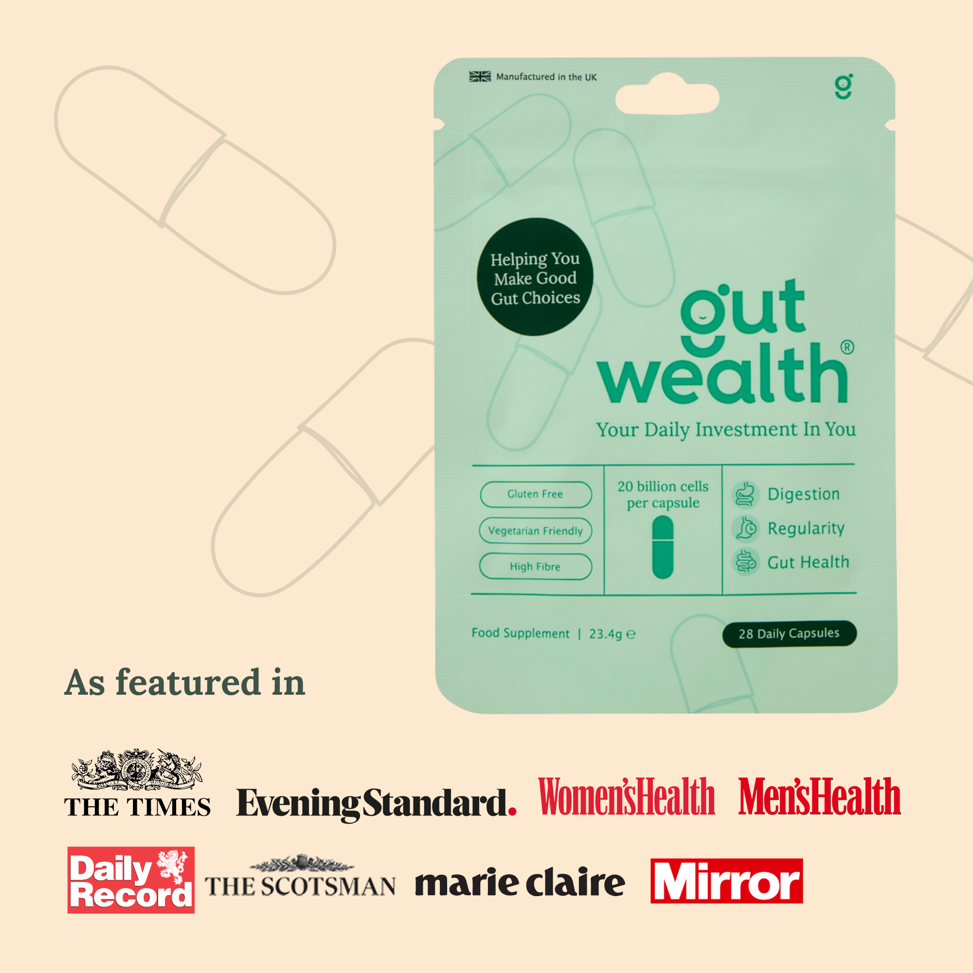 Gut Wealth as featured in The Times, Evening Standard, Women's Health, Men's Health, Marie Claire and Mirror