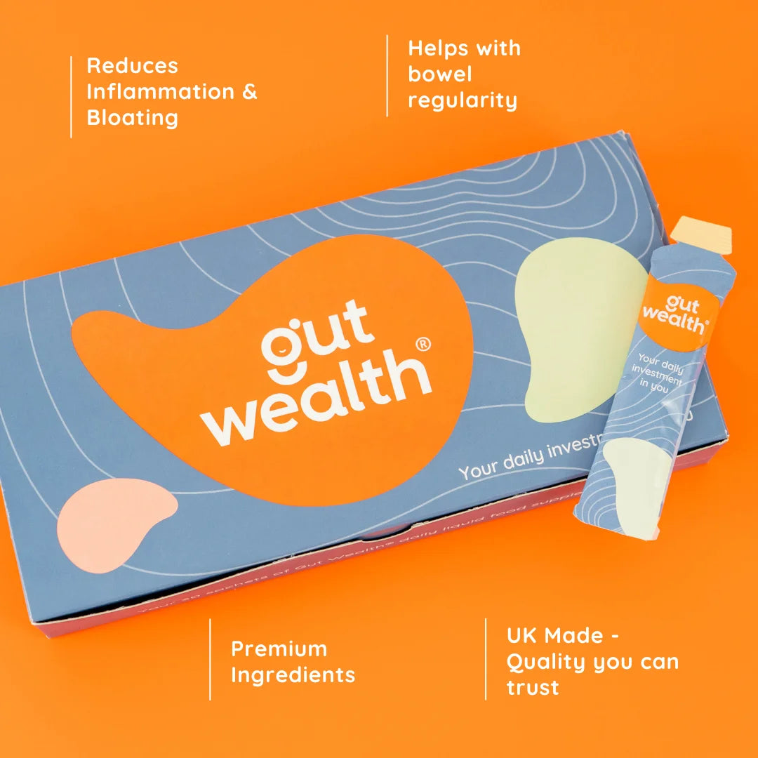 Gut Wealth® daily liquid supplement calms digestive upset, improves bowel regularity and reduces bloating