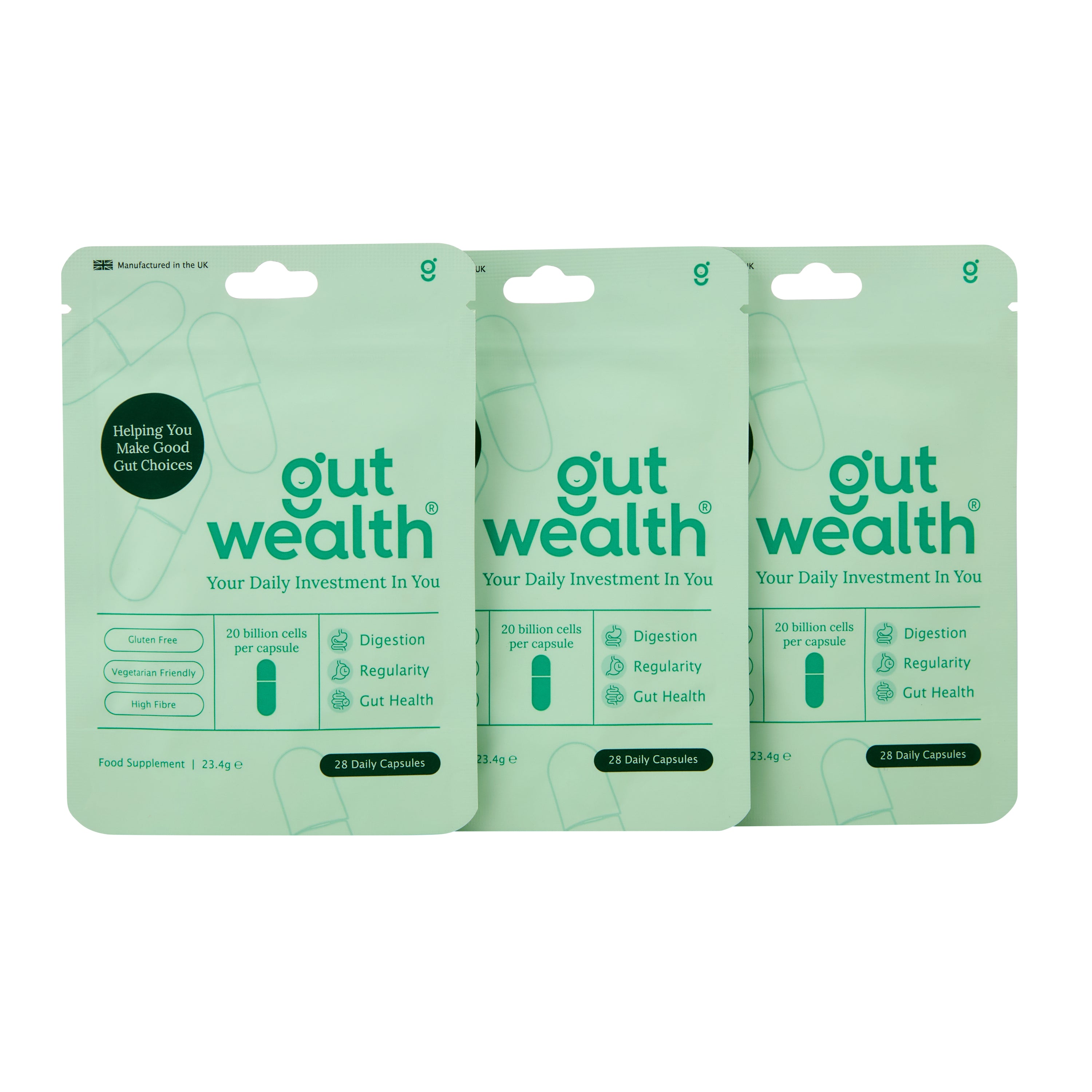 Gut Wealth Daily Capsule 3 pack bundle - three pouches of postbiotic gut health capsules with 20 billion cells per capsule for digestion regularity and bloating relief