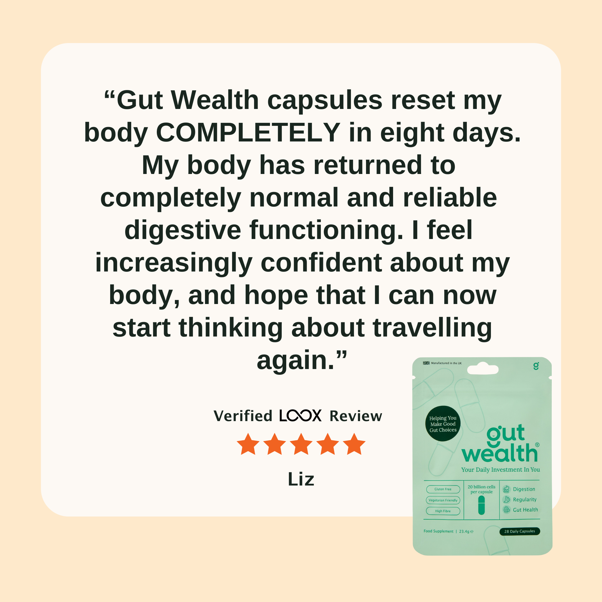 Gut Wealth capsules 5-star verified customer review praising complete IBS symptom relief within eight days