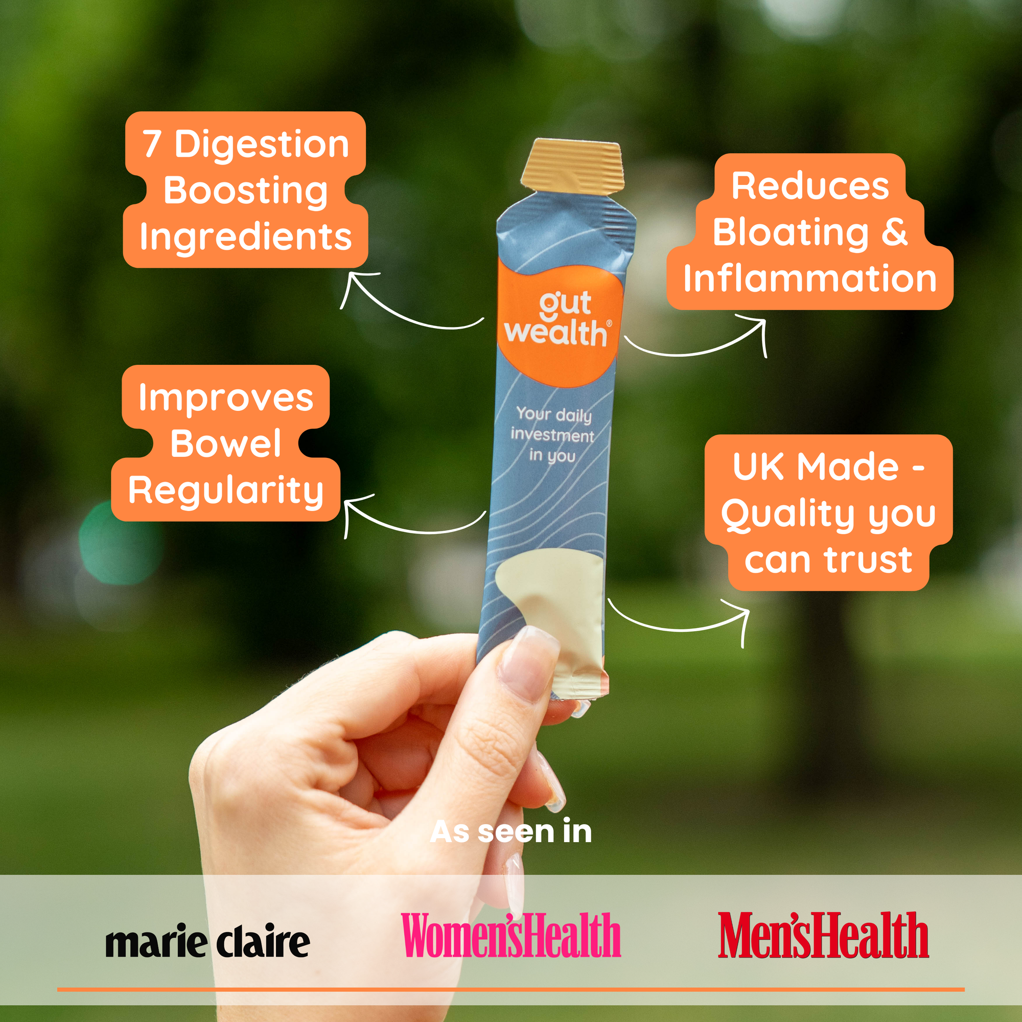 Gut Wealth® daily liquid supplement calms digestive upset, improves bowel regularity and reduces bloating