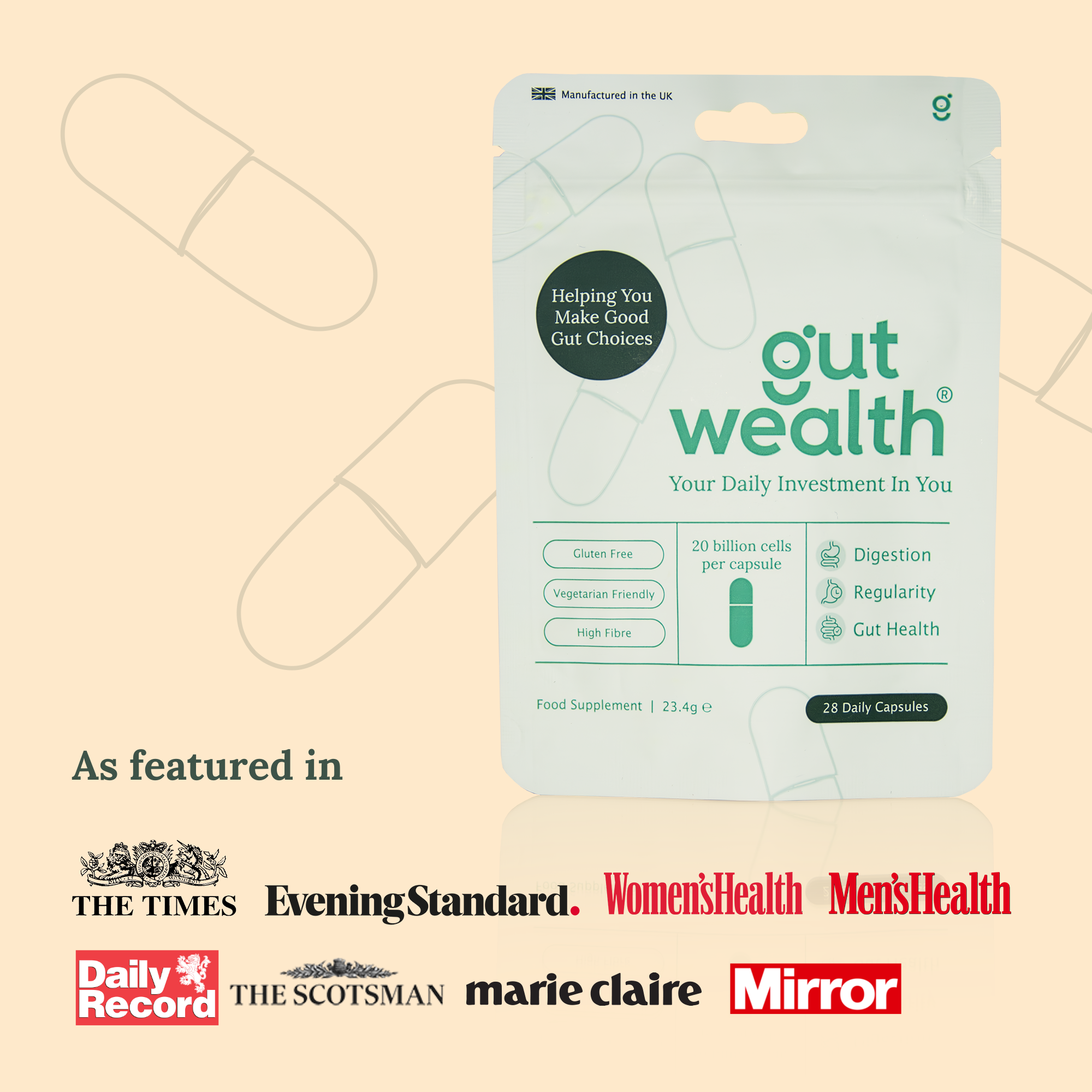 Gut Wealth Daily Capsule as featured in The Times Evening Standard Women's Health Men's Health Daily Record The Scotsman Marie Claire and Mirror