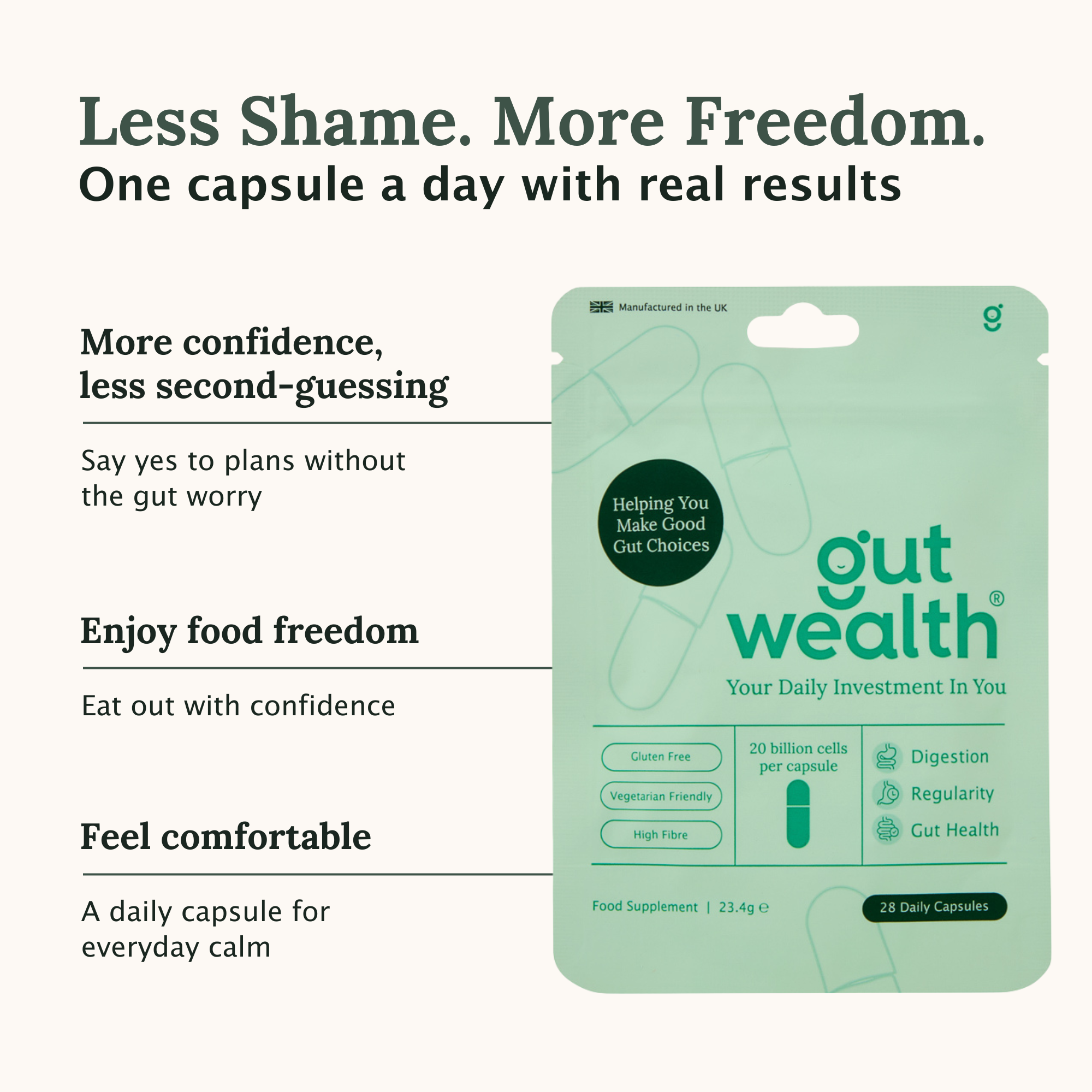 Gut Wealth daily capsule lifestyle benefits - less shame, more food freedom, improved confidence and comfortable digestion