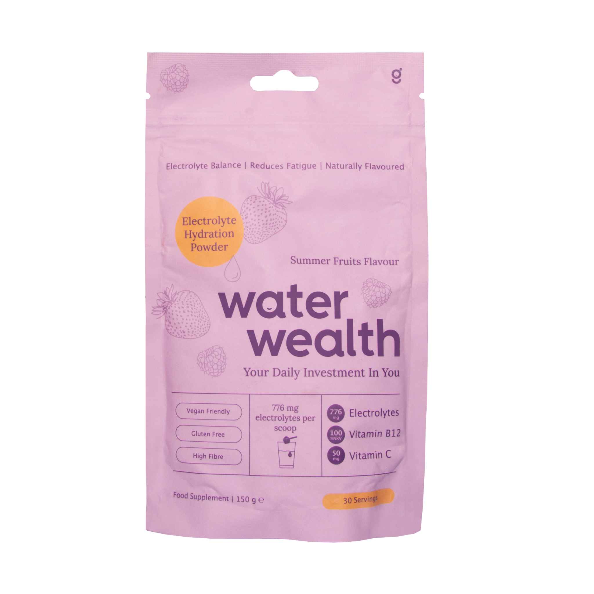 Water Wealth electrolyte hydration powder pack - summer fruits flavour vegan friendly gluten free high fibre gut health supplement