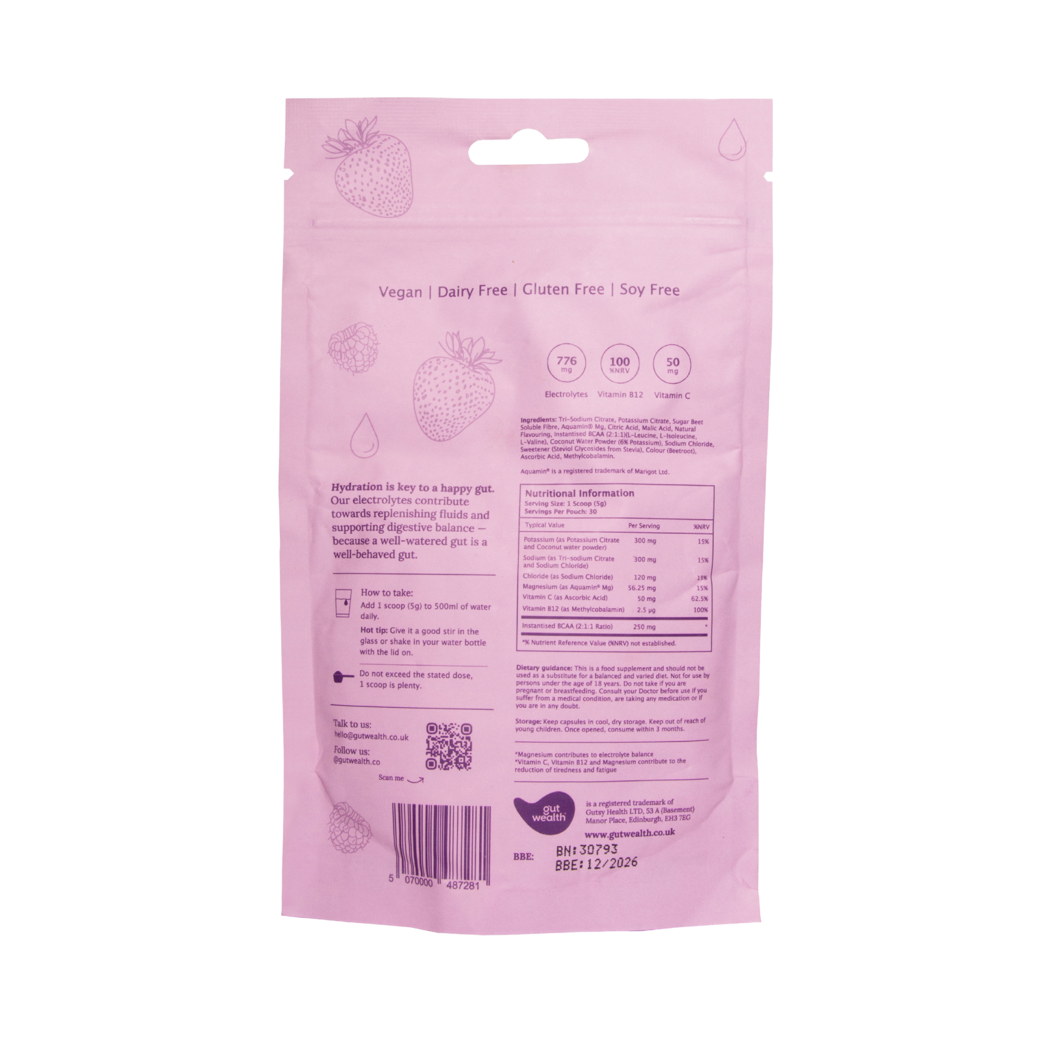Water Wealth electrolyte powder back of pack showing nutritional information, ingredients and mixing instructions - vegan dairy free gluten free