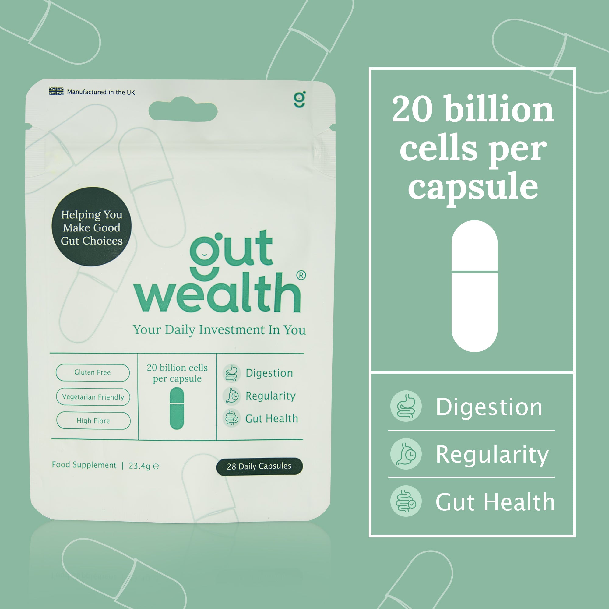 Gut Wealth Daily Capsule pack with 20 billion cells per capsule - postbiotic gut health supplement for digestion regularity and gut health