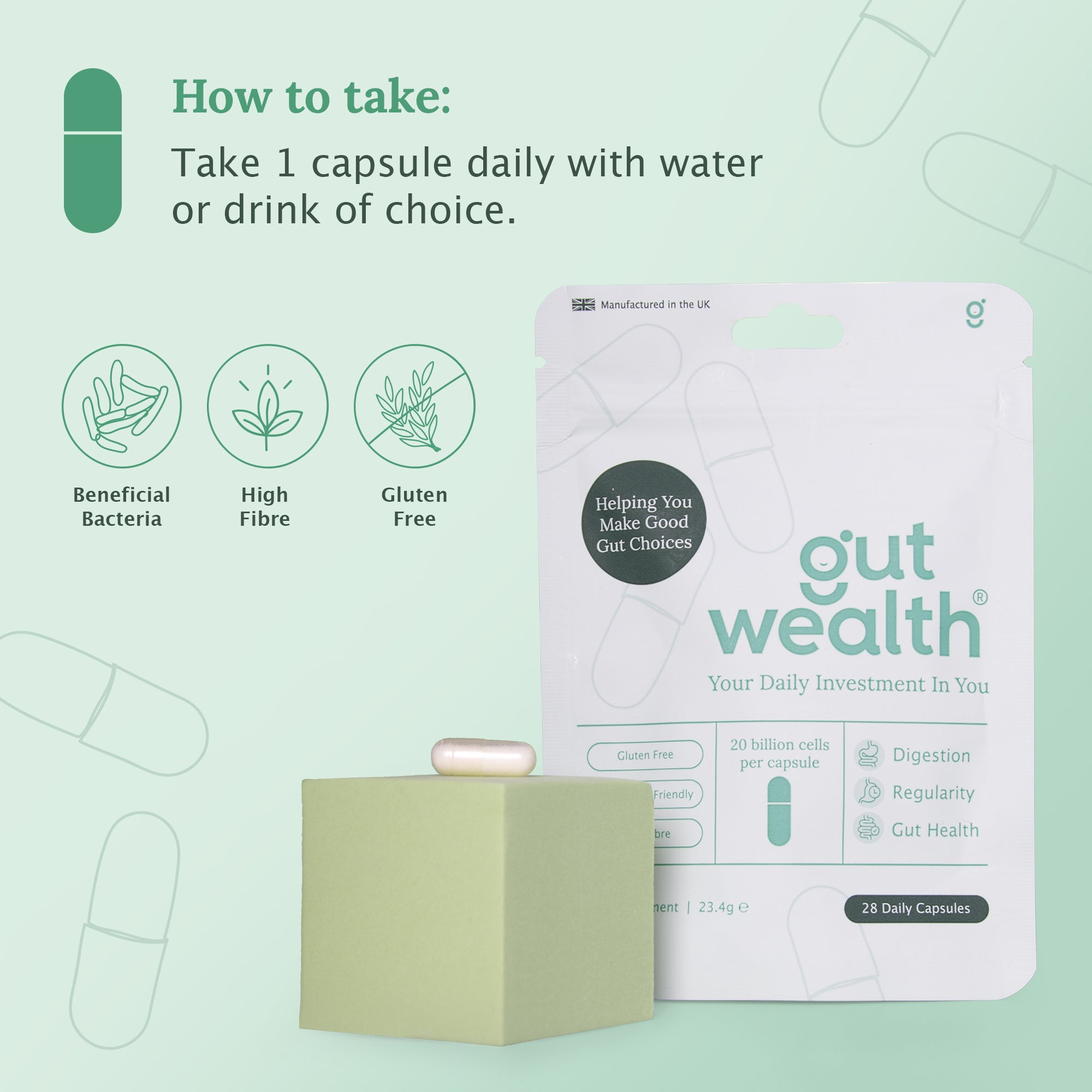 Gut Wealth daily capsule dosage instructions - take 1 capsule daily with water for digestion, regularity and gut health
