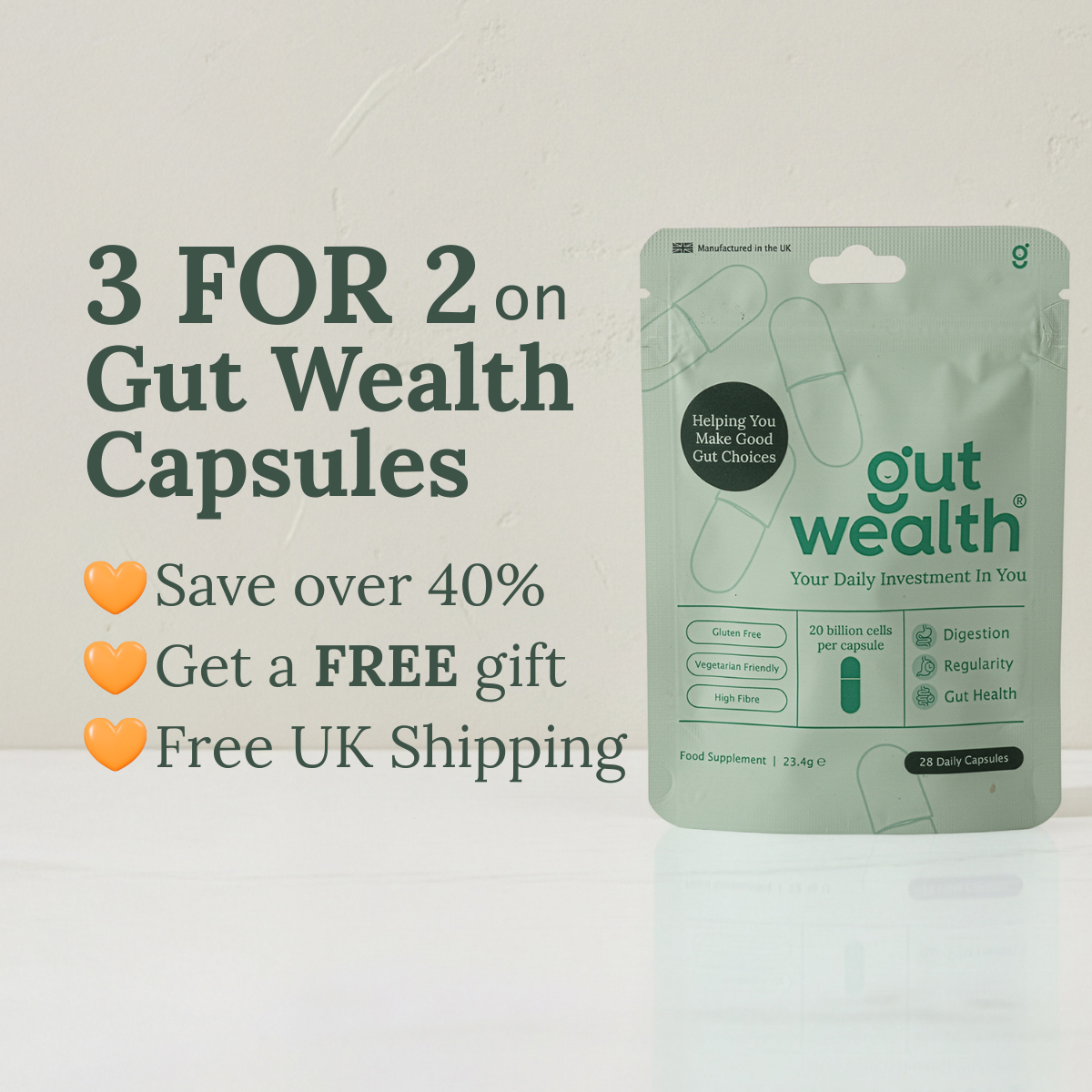 Gut Wealth 3 for 2 bundle offer - save over 40% on daily gut health capsules with free UK shipping