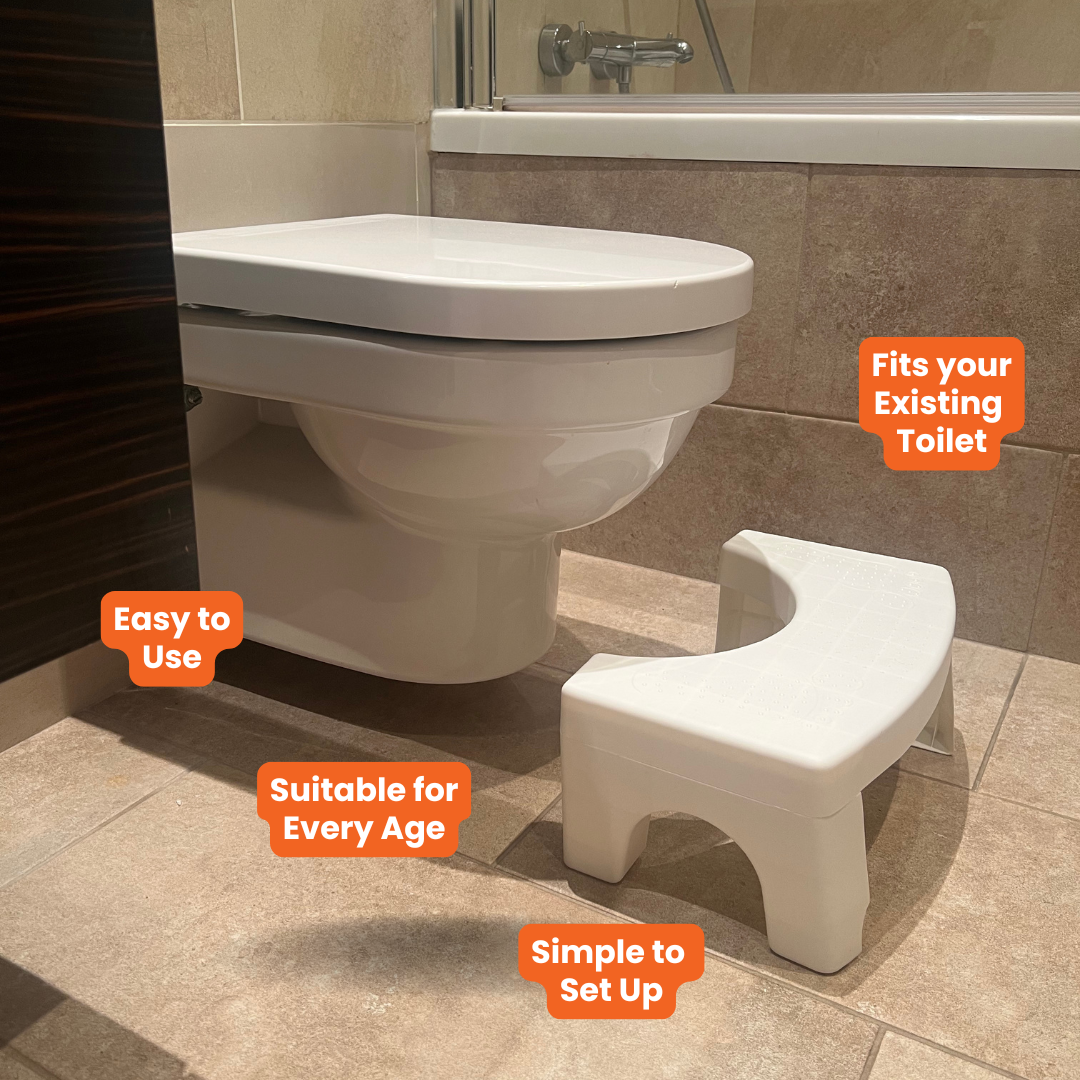 Toilet stool for better poos - white squatting stool next to toilet, easy to use, fits any toilet, suitable for IBS and bowel health