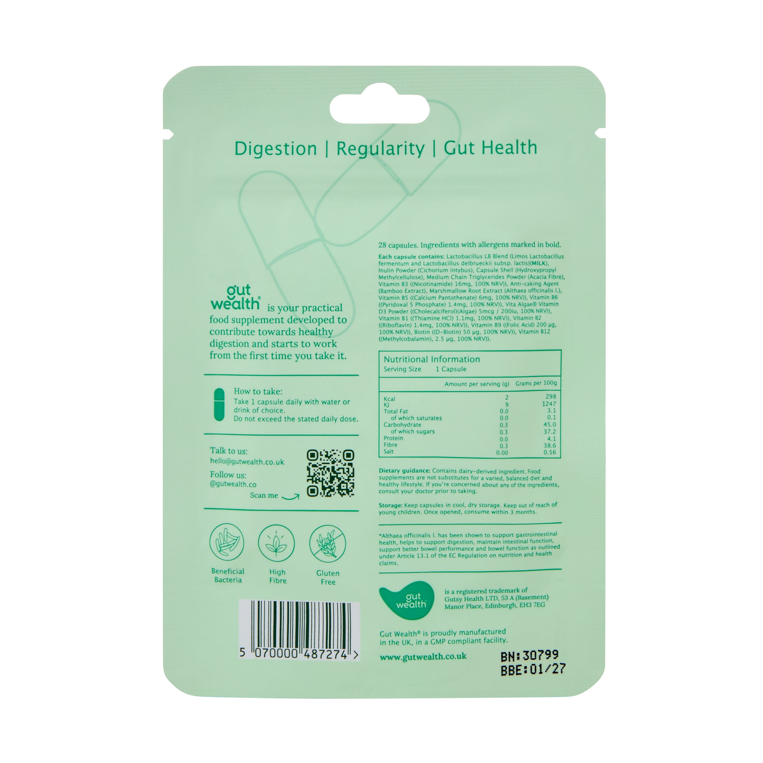 Gut Wealth daily capsules back of pack showing nutritional information, full ingredients list and dosage instructions