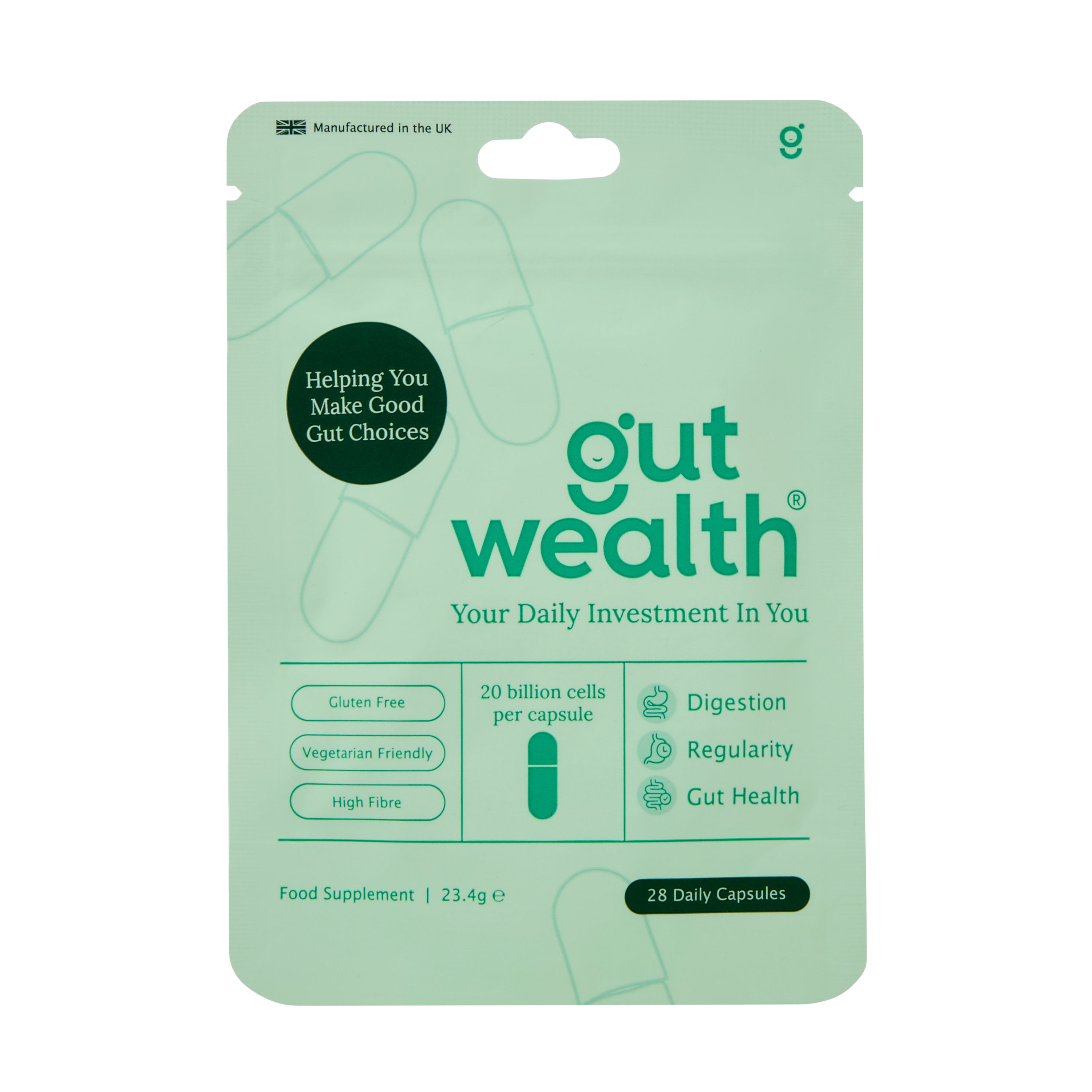 Gut Wealth daily capsule pack front - 28 postbiotic capsules with 20 billion cells for digestion, regularity and gut health
