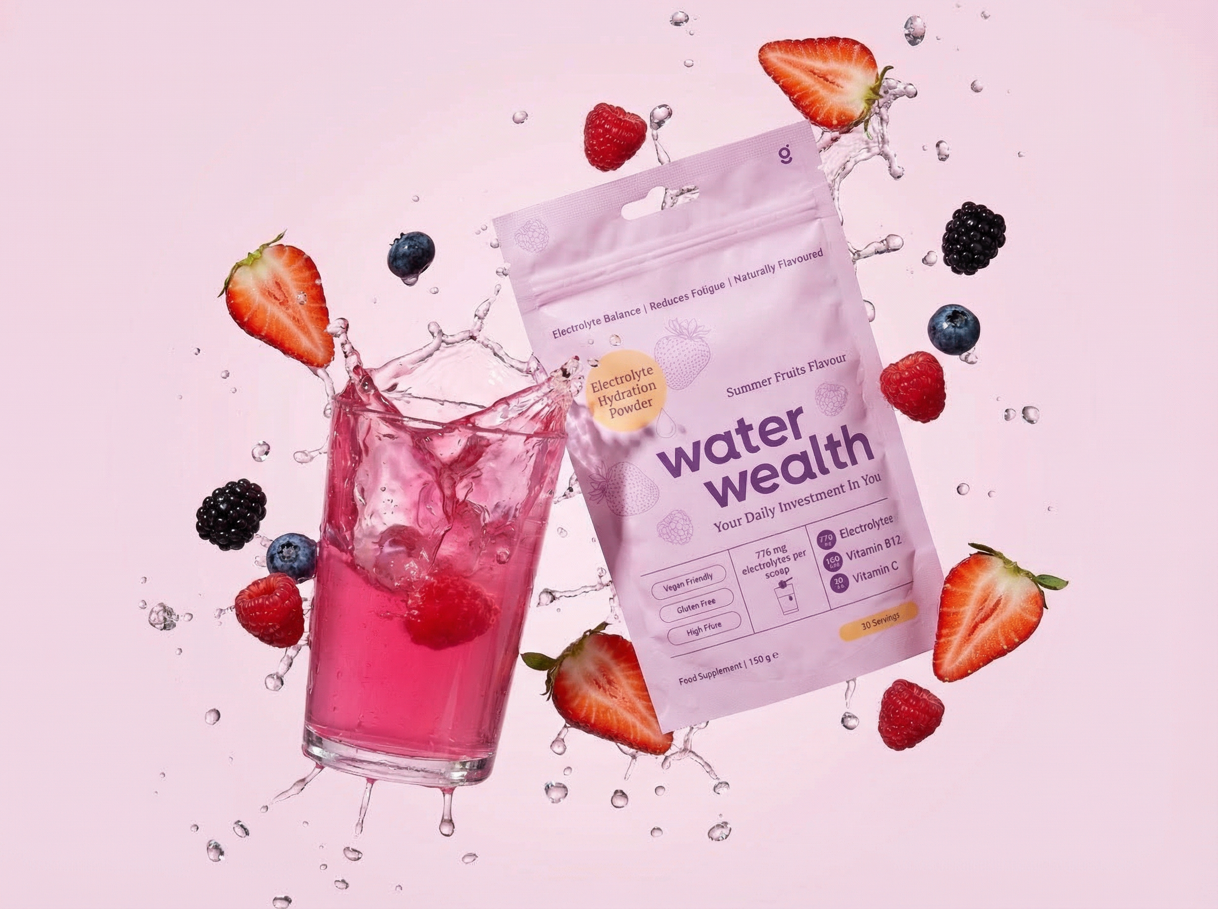 Water Wealth electrolyte drink mixed with fresh strawberries, raspberries and blackberries - summer fruits gut health hydration