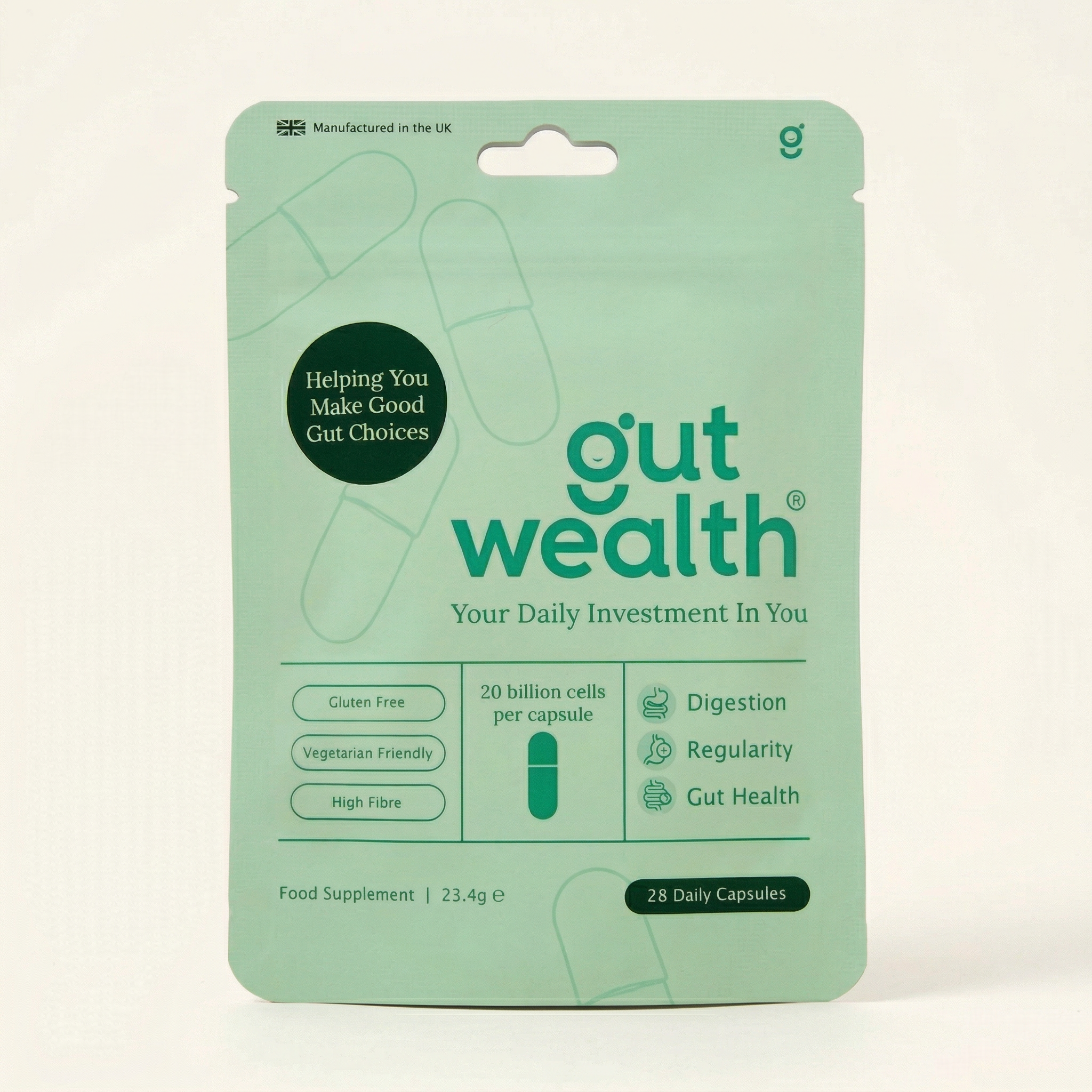 Gut Wealth postbiotic daily capsules front of pack - 4 week supply gut health supplement for IBS and bloating